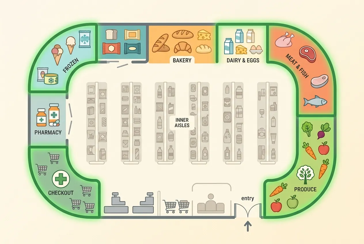 2. Shop the perimeter first, the aisles last