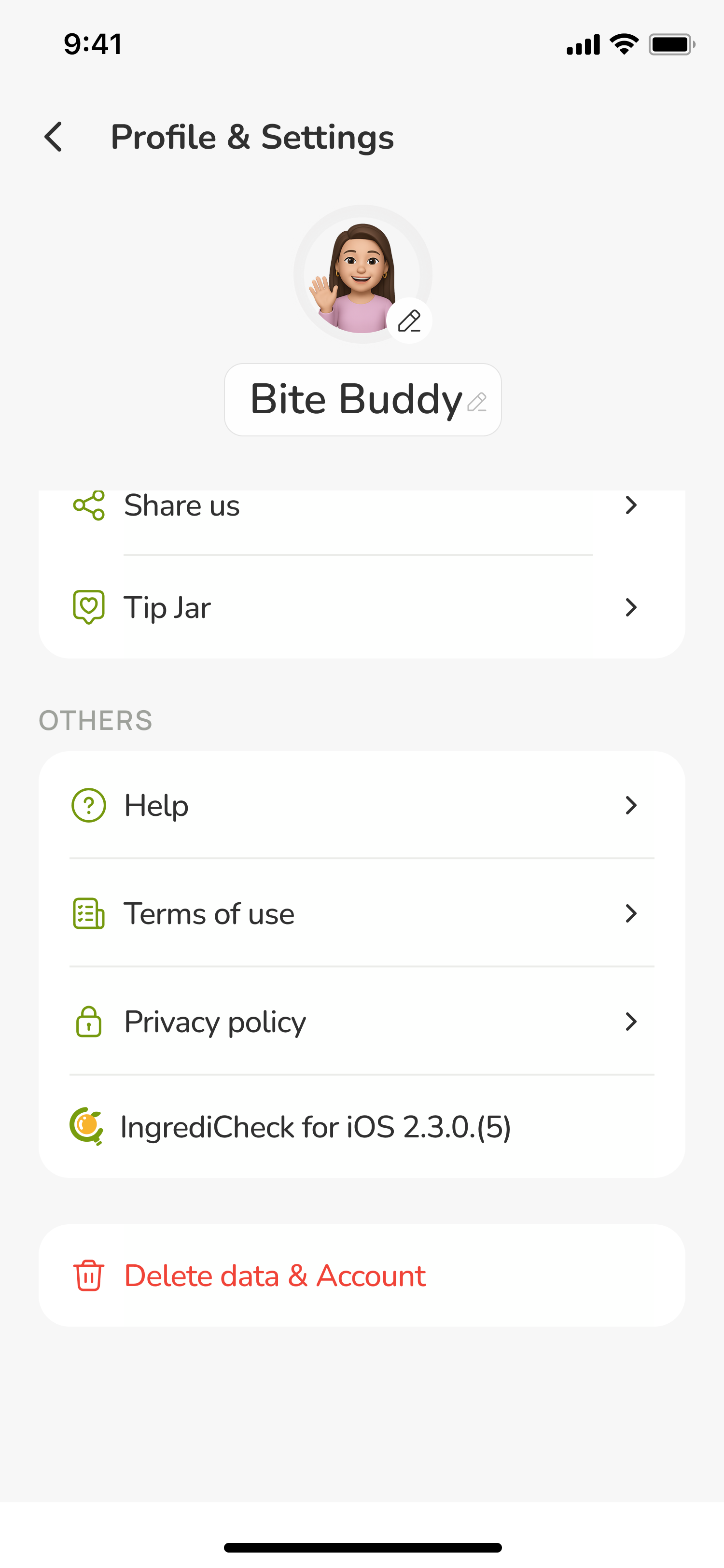 IngrediCheck app settings screen showing account management options