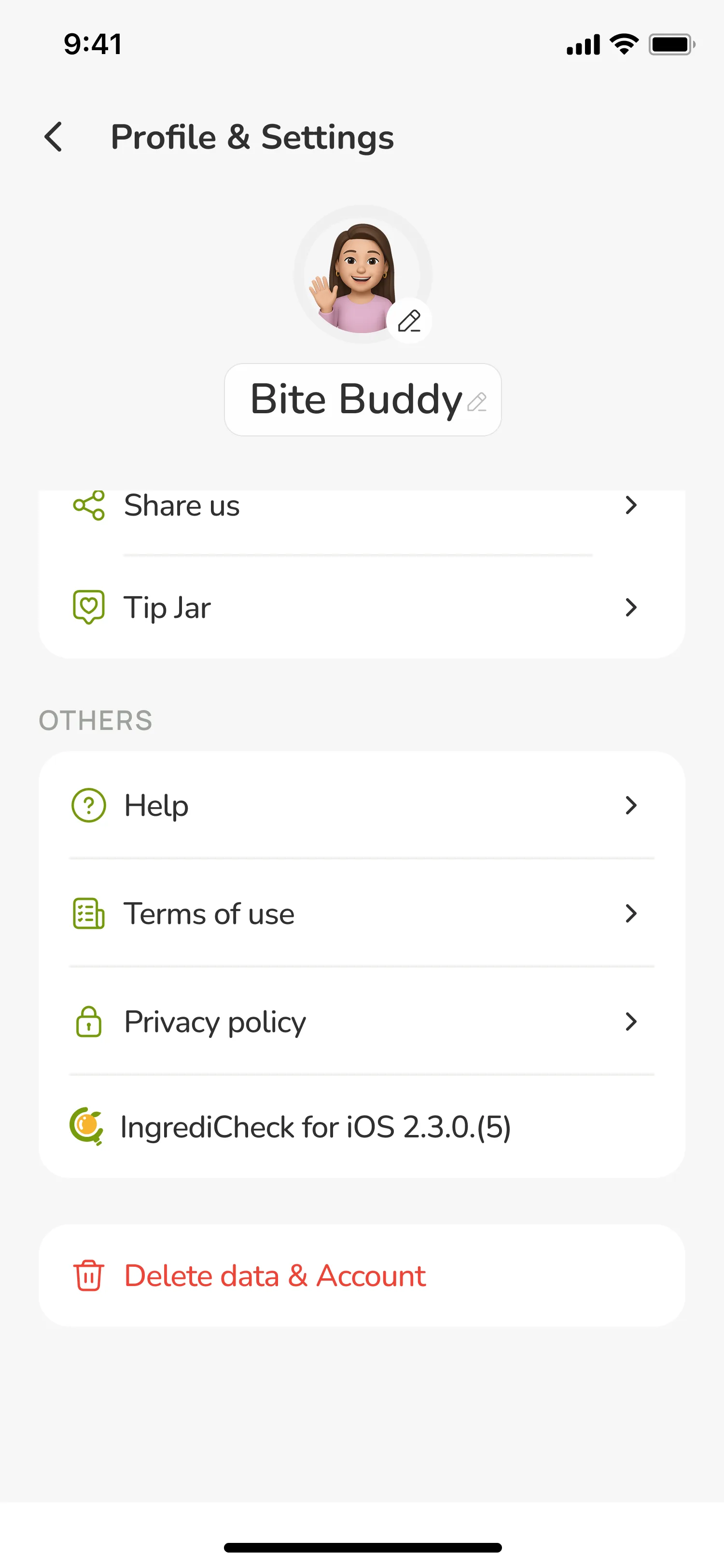 IngrediCheck app settings screen showing account management options